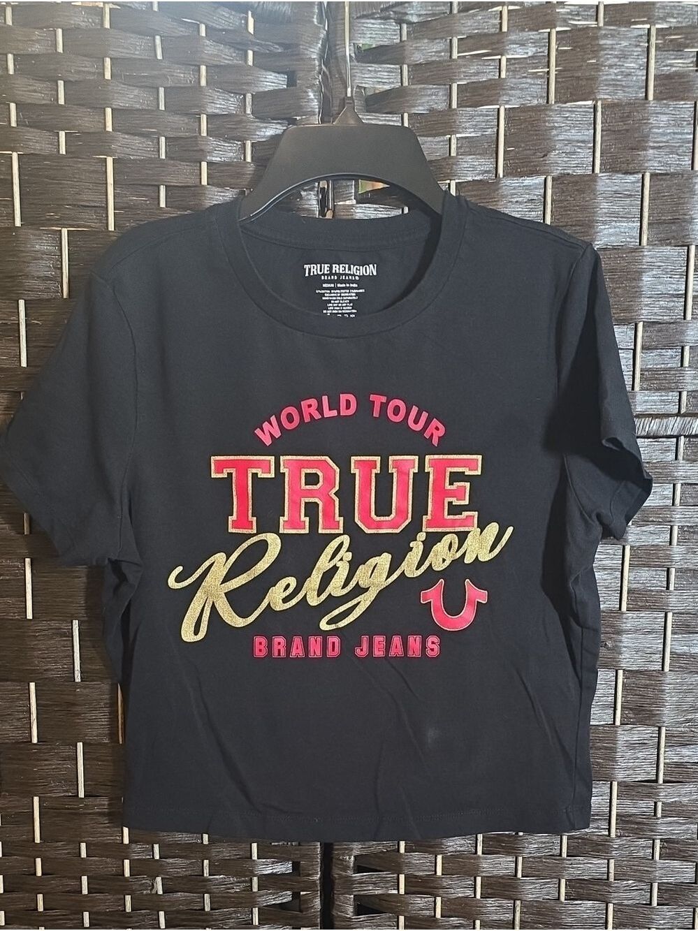 True Religion World Tour Graphic Black Crop Tee - Size Medium